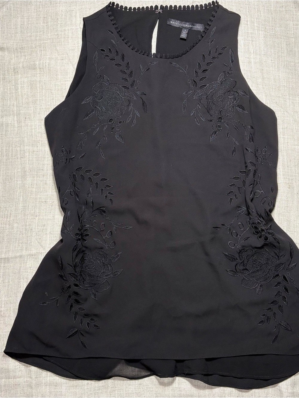 White House Black Market Black Sleeveless Embroidered Shell Top S